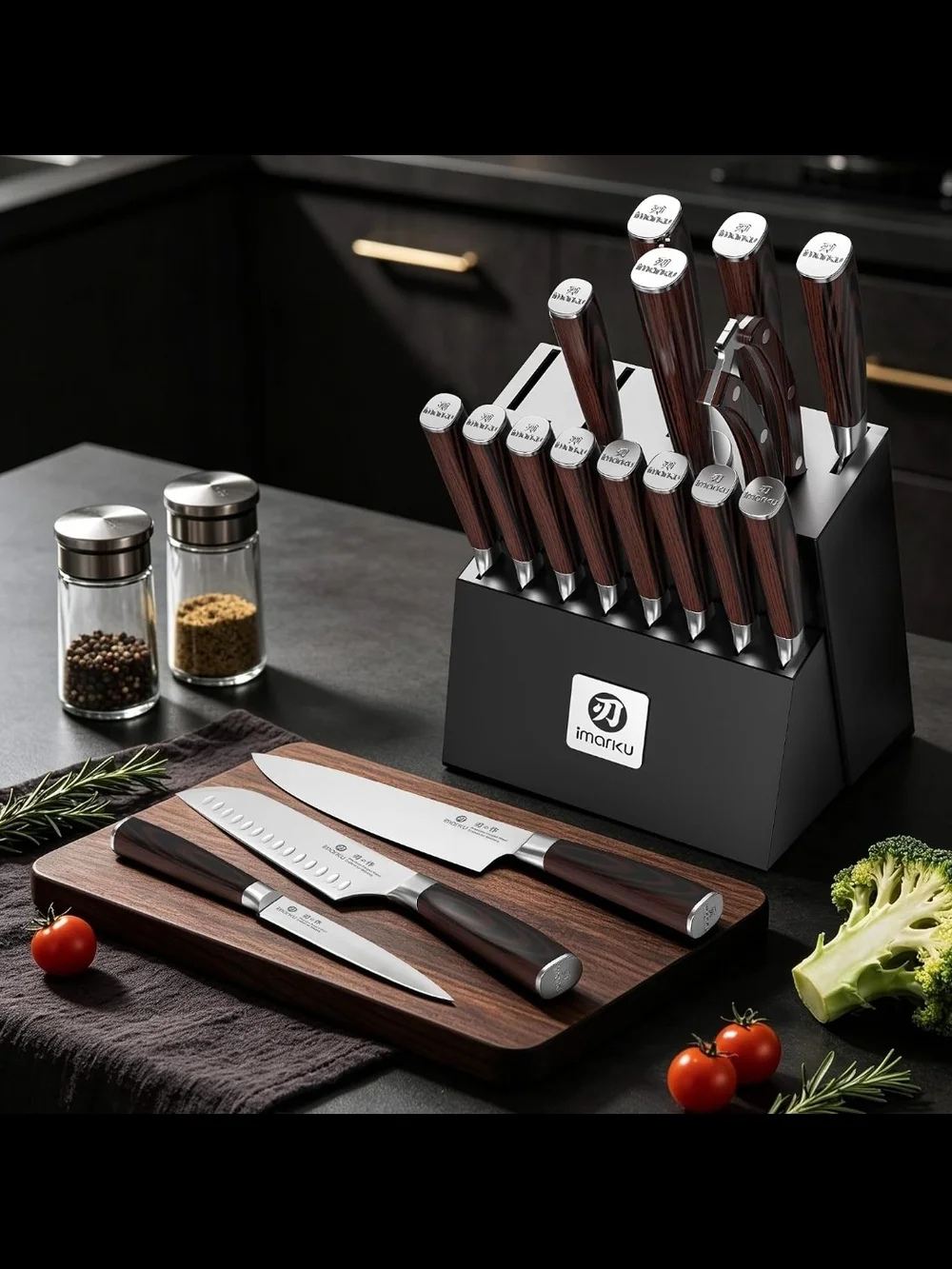 Knife Set, 18-Piece Japanese Santoku Stainless Steel Knife Set with Block, New